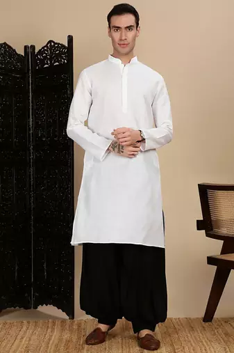 White cotton solid kurta pajama for mens