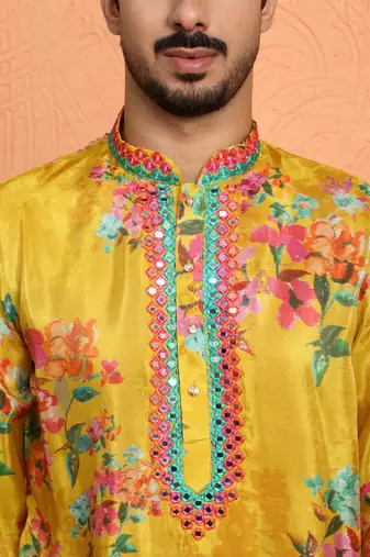 Silk yoke design floral mirror work mustard kurta