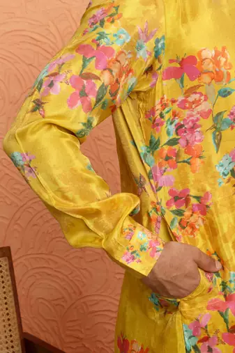 Silk yoke design floral mirror work mustard kurta