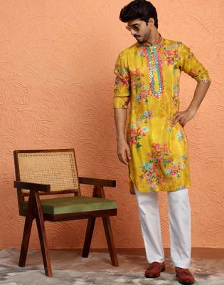 Silk yoke design floral mirror work mustard kurta 5