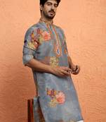 Silk yoke design floral mirror work grey kurta