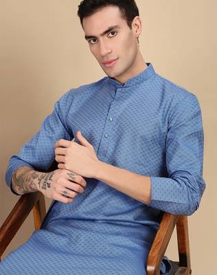 Blue cotton textured kurta pajama for mens 1