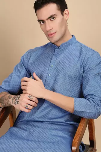 Blue cotton textured kurta pajama for mens