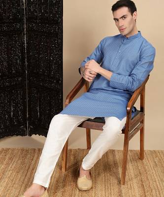 Blue cotton textured kurta pajama for mens 2