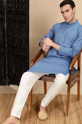 Blue cotton textured kurta pajama for mens