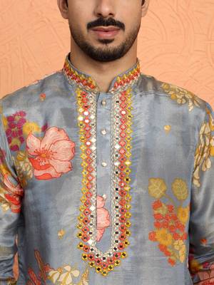 Silk yoke design floral mirror work grey kurta 2