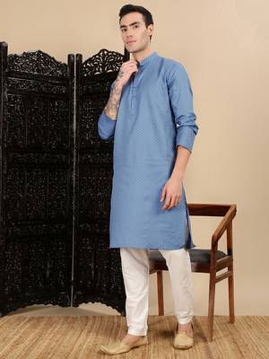 Blue cotton textured kurta pajama for mens 3