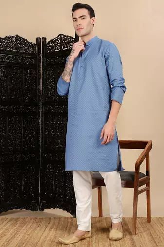 Blue cotton textured kurta pajama for mens