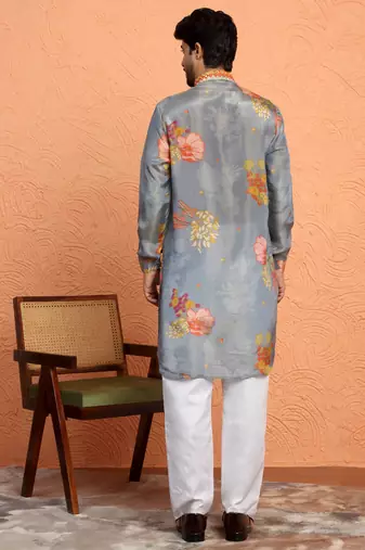 Silk yoke design floral mirror work grey kurta