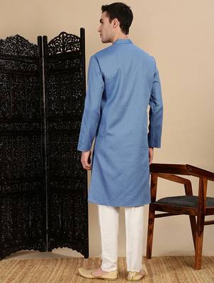 Blue cotton textured kurta pajama for mens 4
