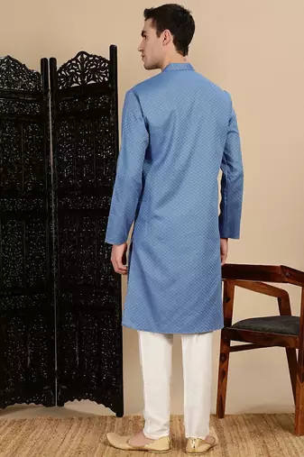 Blue cotton textured kurta pajama for mens