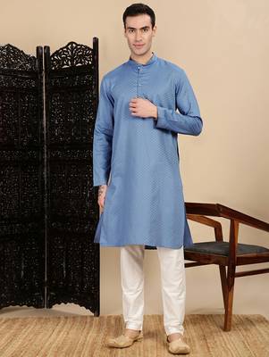 Blue cotton textured kurta pajama for mens 5