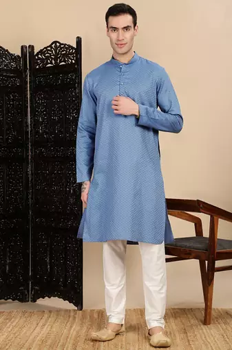 Blue cotton textured kurta pajama for mens