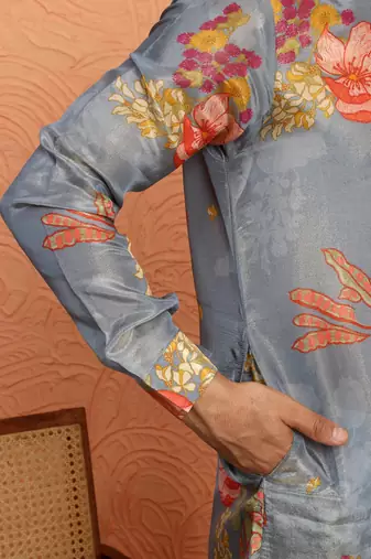 Silk yoke design floral mirror work grey kurta