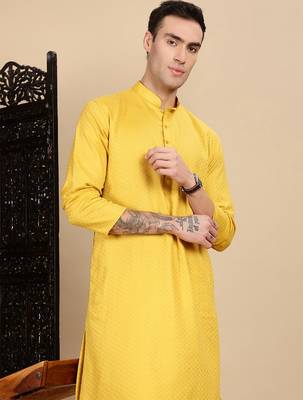 yellow cotton textured kurta pajama for mens 1