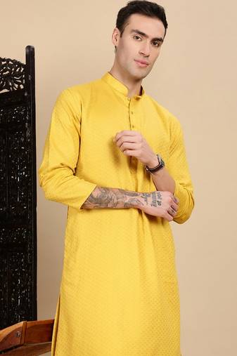 yellow cotton textured kurta pajama for mens