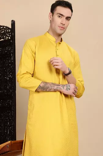 yellow cotton textured kurta pajama for mens