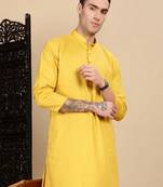 yellow cotton textured kurta pajama for mens