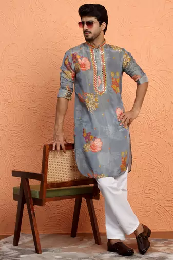 Silk yoke design floral mirror work grey kurta