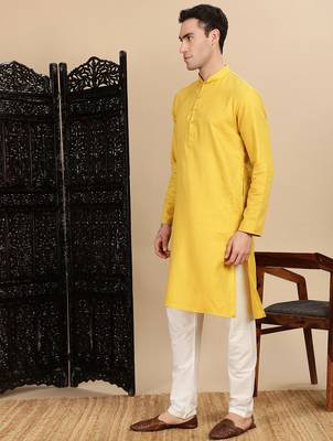 yellow cotton textured kurta pajama for mens 2
