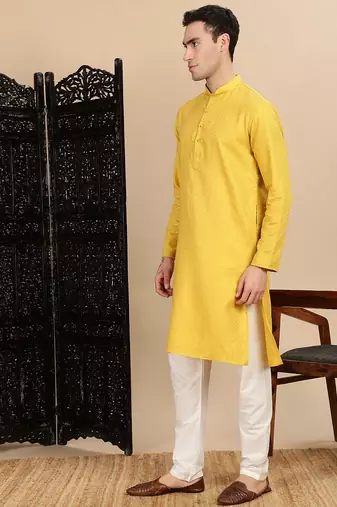 yellow cotton textured kurta pajama for mens