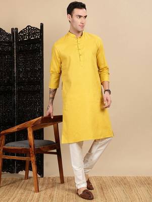 yellow cotton textured kurta pajama for mens 3