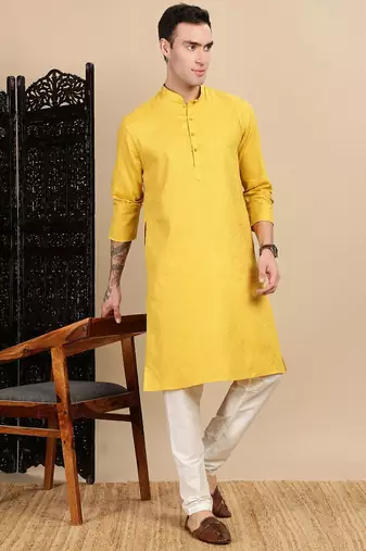 yellow cotton textured kurta pajama for mens