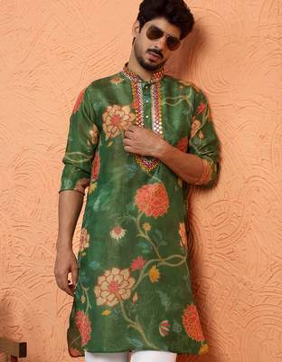 Silk yoke design floral mirror work green kurta 1