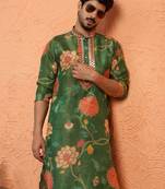 Silk yoke design floral mirror work green kurta