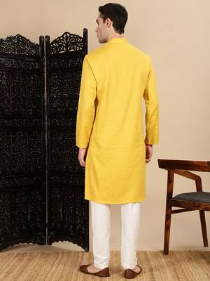 yellow cotton textured kurta pajama for mens 4