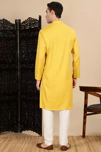 yellow cotton textured kurta pajama for mens
