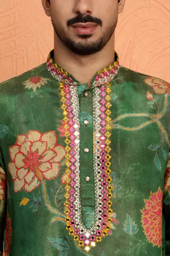 Silk yoke design floral mirror work green kurta