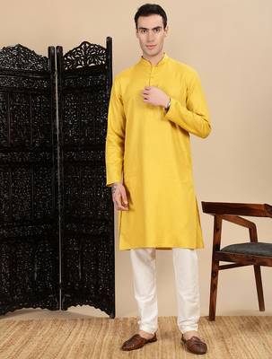 yellow cotton textured kurta pajama for mens 5