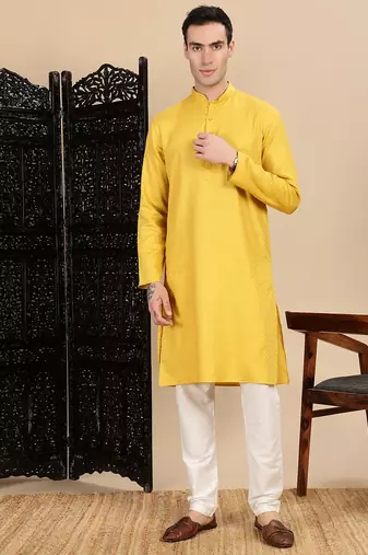 yellow cotton textured kurta pajama for mens
