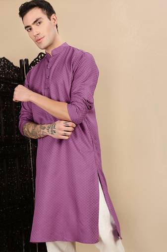 Mauve cotton textured kurta pajama for mens