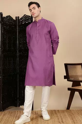 Mauve cotton textured kurta pajama for mens