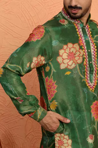 Silk yoke design floral mirror work green kurta