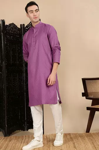 Mauve cotton textured kurta pajama for mens