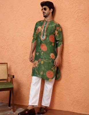 Silk yoke design floral mirror work green kurta 5