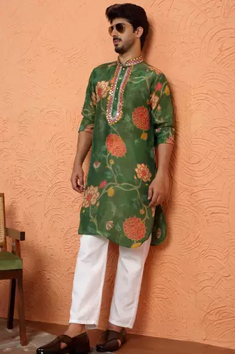 Silk yoke design floral mirror work green kurta