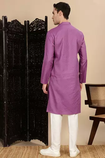 Mauve cotton textured kurta pajama for mens