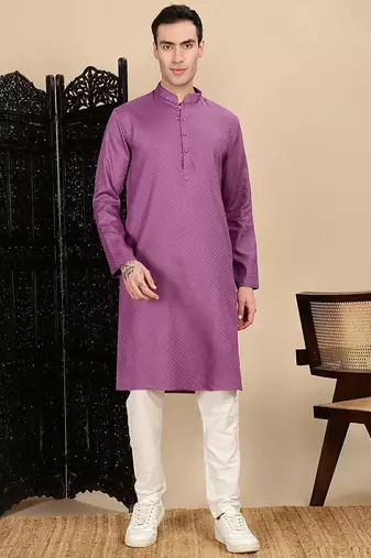 Mauve cotton textured kurta pajama for mens