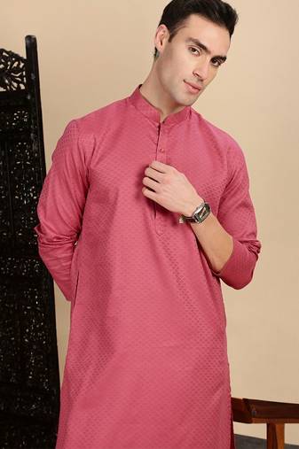 Pink cotton textured kurta pajama for mens