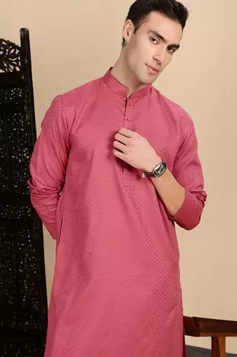 Pink cotton textured kurta pajama for mens