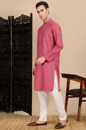Pink cotton textured kurta pajama for mens