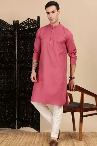 Pink cotton textured kurta pajama for mens