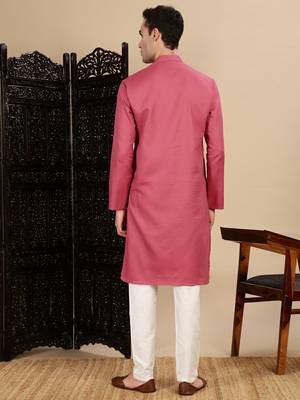 Pink cotton textured kurta pajama for mens 4
