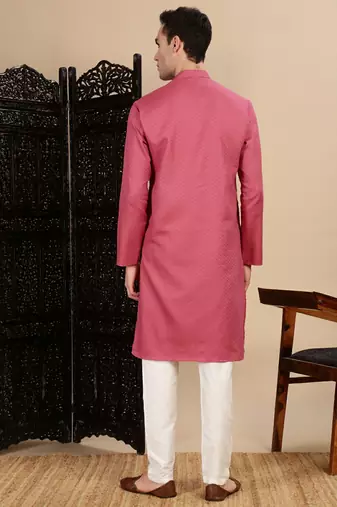 Pink cotton textured kurta pajama for mens