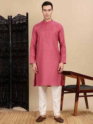Pink cotton textured kurta pajama for mens 5