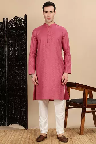 Pink cotton textured kurta pajama for mens